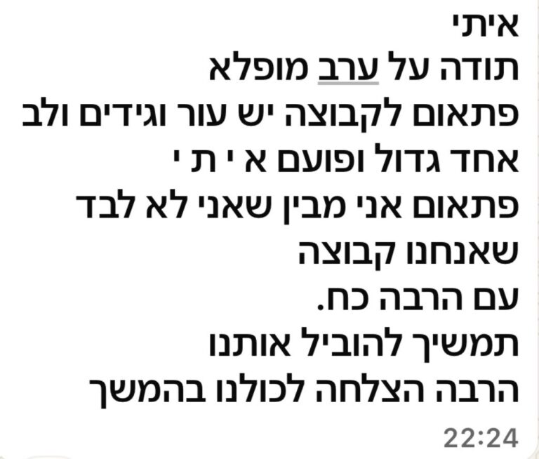 איתי תודה על ערב מופלא פתאום לקבוצה יש עור וגידים ולב אחד גדול ופועם איתי פתאום אני מבין שאני לא לבד שאנחנו קבוצה עם הרבה כח. תמשיך להוביל אותנו הרבה הצלחה לכולנו בהמשך